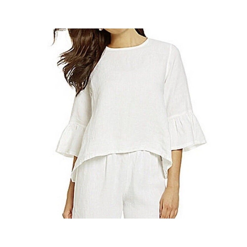 BRYN WALKER Light Linen  FRAN SHIRT  A-Line Top Bell Sleeves  Size Large Boho - Picture 2 of 9